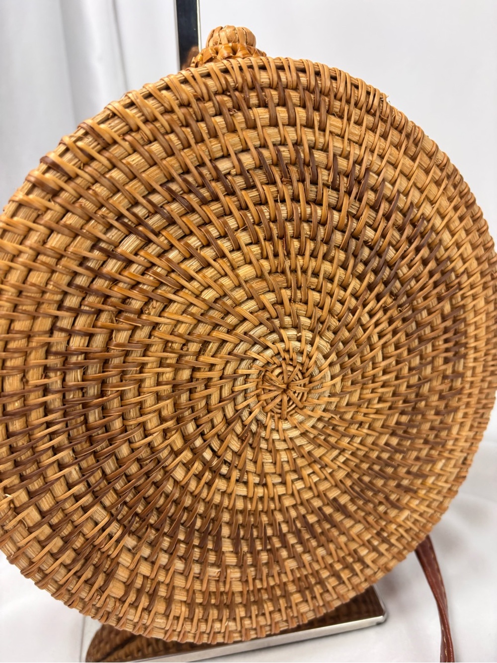 Round Rattan Crossbody Bag | Boho Woven Straw Purse Bali Bag w/ leather Strap - Picture 7 of 8